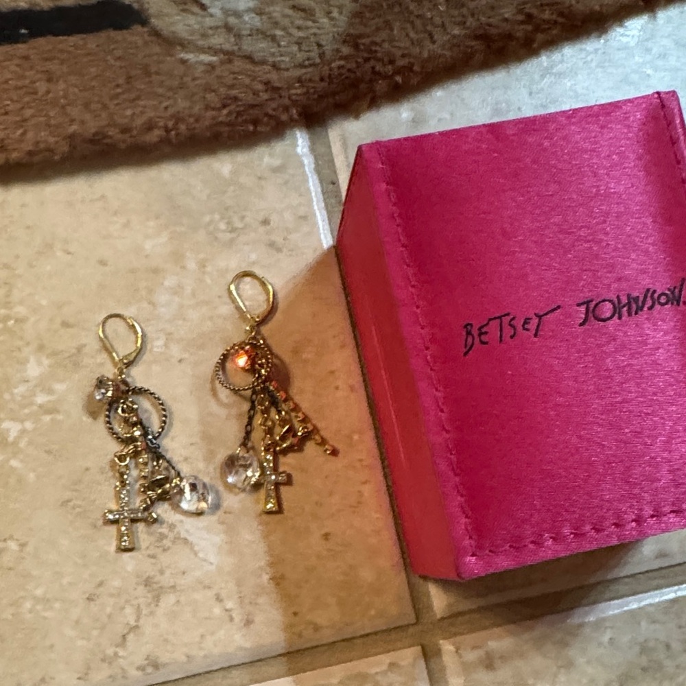 Betsey Johnson Gold and Crystal Cross Earrings with dove